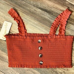 NWT Cabana del Sol Smocked Button Detail Ruffle Strap Rust Orange Swim Top Large